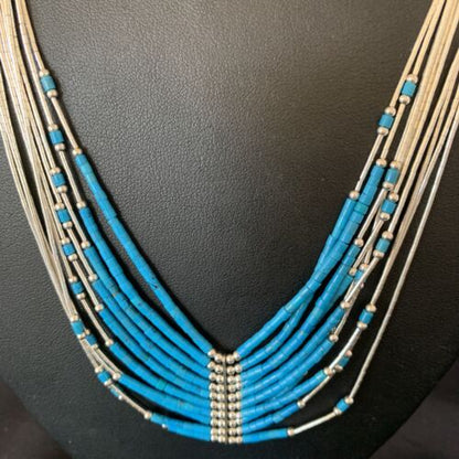Liquid Silver Heishi 10-Strand Necklace | Sterling Silver Pendant with Turquoise | 12295
