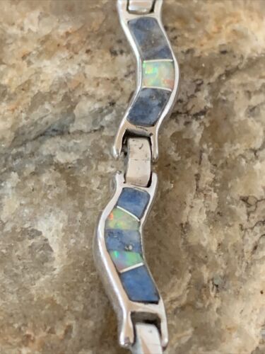 Southwestern Sterling Silver Necklace | Lapis & Opal Inlay Pendant | 16" | 01426