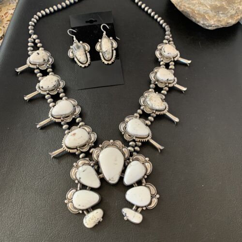 Navajo White Buffalo Turquoise Sterling Squash Blossom Necklace | Naja Pendant | 10957