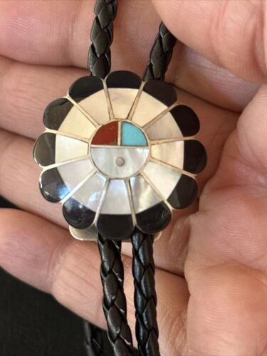 Men's Bolo Tie | Zuni Sunface Mother of Pearl Coral Turquoise Inlay | Sterling Silver | 14754