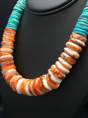 Spiny Oyster & Turquoise Graduated Necklace | Sterling Silver | Authentic Native American Navajo | 17" | 3004