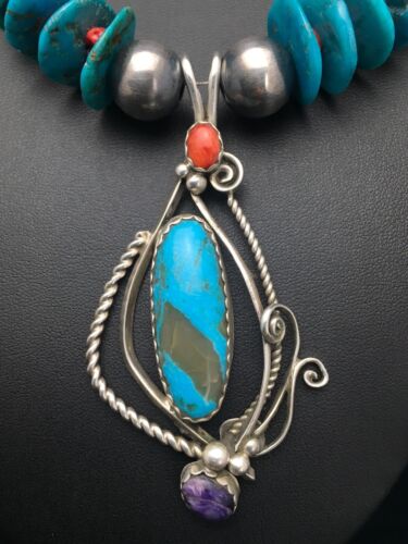 Navajo Kingman Turquoise & Spiny Oyster Multi-Stone Pendant Necklace | Authentic Native American Sterling Silver | 2637