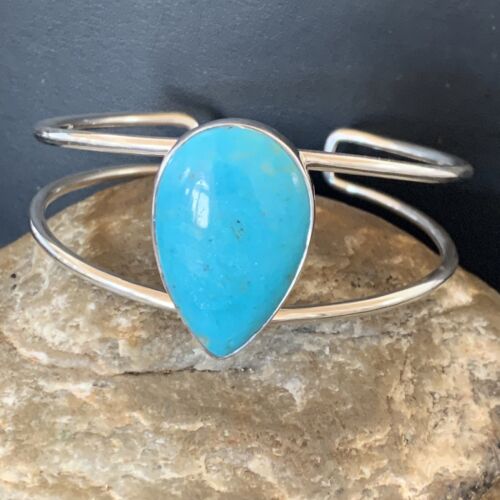 Minimalist Women's Blue Kingman Turquoise Cuff Wire Bracelet | Sterling Silver | 12867