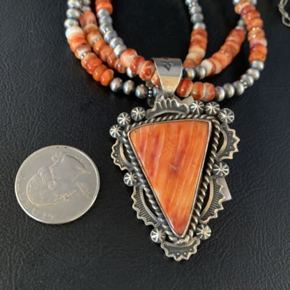 Navajo Red Spiny Oyster Pendant | Sterling Silver | Native American Pearls Necklace | Multi-Strand | 1658