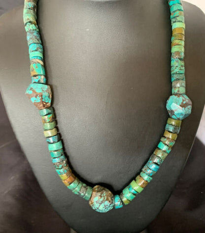 Chunky Men's Navajo Spiderweb Turquoise Heishi Necklace | Sterling Silver | 21" | 124504 - Masha USA