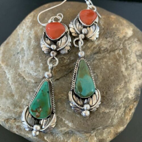 USA Green Navajo Royston Turquoise Red Coral Sterling Dangle Earrings 2052