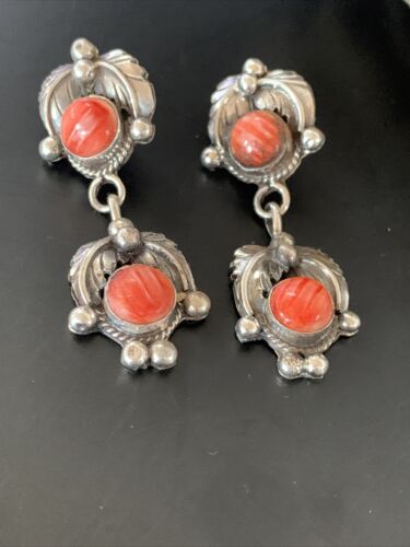 Native American Handmade Navajo Red Spiny Oyster Dangle Earrings | Sterling Silver | 2064