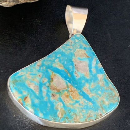 Navajo Men's Kingman Turquoise Necklace | XXL | Sterling Silver | 4" Pendant | Authentic Native American Handmade | 13984