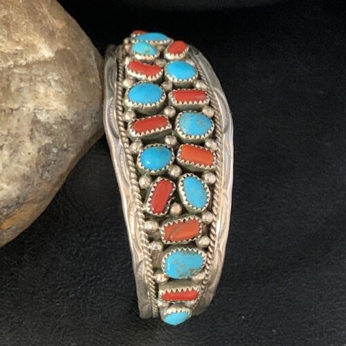 Navajo Kingman Turquoise Coral Cuff Bracelet | Sterling Silver | Authentic Native American Handmade | 14219