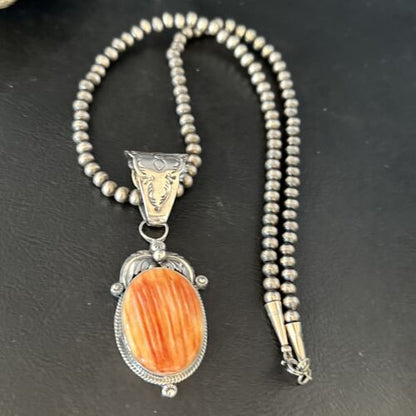Navajo Pearls Orange Spiny Oyster Pendant Necklace | Sterling Silver | Authentic Native American Handmade | 14722