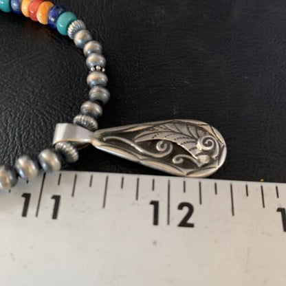 Navajo Multi-Color Turquoise Mother of Pearl Necklace Inlay Pendant | Sterling Silver | 13886