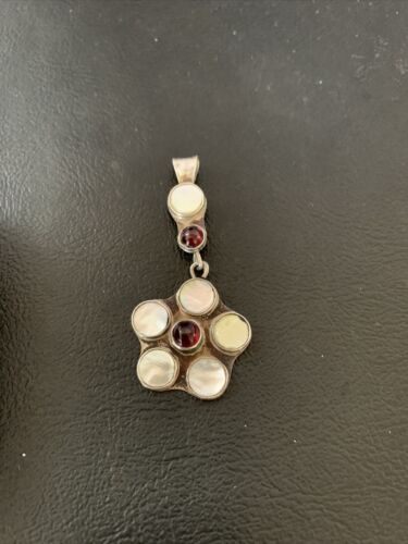 Old Pawn Vintage Multi-Stone Flower Pendant | Sterling Silver | Mother of Pearl & Garnet Dangle | 1186