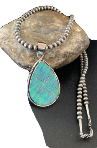 Native American Women's Navajo Green Faux Opal Pendant | Sterling Silver | 2.30" | 1895