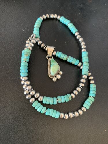 Men's Blue Turquoise Pendant Necklace | Navajo Pearls | Sterling Silver | Authentic Native American Handmade | 13202