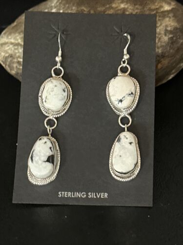 Navajo White Buffalo Turquoise Dangle Earrings | Sterling Silver | 2" | Authentic Native American Handmade | 14712