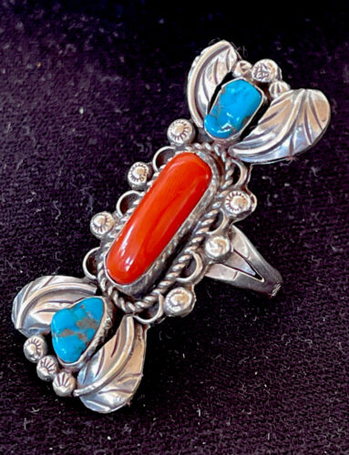 Navajo Kingman Turquoise & Coral Ring | Authentic Native American Sterling Silver | Multi-Stone | Sz 10 | 1292