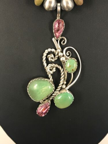 Navajo Green Turquoise & Spiny Oyster Pendant Necklace | Authentic Native American Sterling Silver | Multi-Stone | 8488