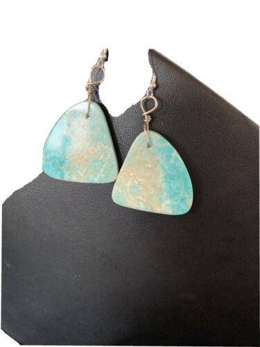 Southwestern Navajo Slab Turquoise Dangle Earrings | Sterling Silver | Authentic Native American Handmade | 1320