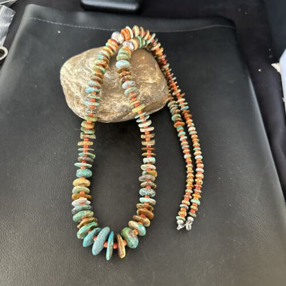 Navajo Turquoise & Red Spiny Oyster Necklace | Sterling Silver | Authentic Native American | 32" | 14381