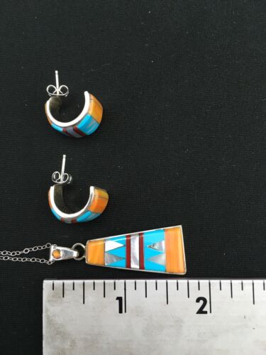 Navajo Multi-Stone Inlay Pendant Necklace & Earrings Set | Sterling Silver | Authentic Native American Handmade | 4741