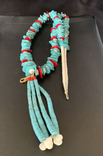 Native American Santo Domingo Blue Turquoise Red Coral Nugget Bead Jacla Necklace | 34" | 13197