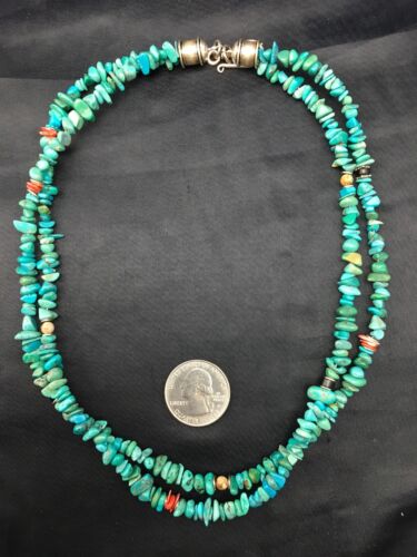 Navajo Blue Turquoise Nugget Bead Necklace | 2 Strand | Sterling Silver | 17" | Authentic Native American Handmade | 4490 - Masha USA