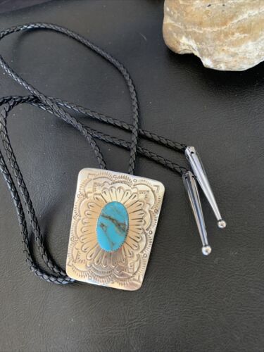 Men's Bolo Tie | Navajo Blue Kingman Turquoise | Sterling Silver | Authentic Native American Handmade | 12144