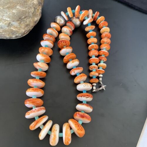 Authentic Native American Navajo Necklace | Orange Spiny Oyster & Turquoise | Sterling Silver | 22" Graduated | 11388