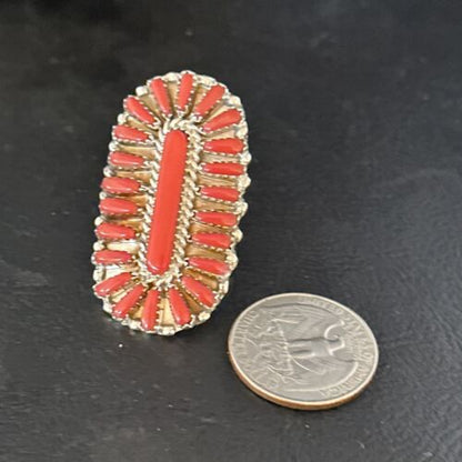Navajo Red Coral Multi-Stone Cluster Ring | Authentic Native American Sterling Silver | Sz 8 | 14571