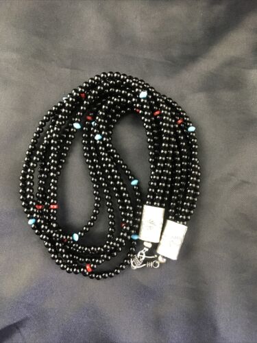 Navajo Black Onyx Coral Turquoise Bead Necklace | Sterling Silver | 18" | Authentic Native American Handmade | 10171