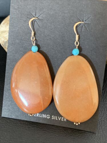 Navajo Tan Jasper and Blue Turquoise Earrings | Sterling Silver | Authentic Native American Handmade | 13103