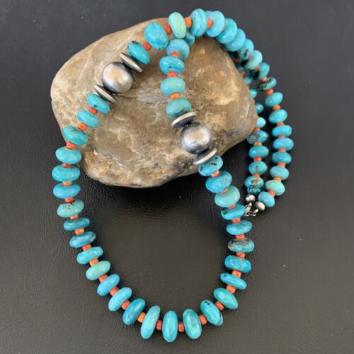 Navajo Natural Turquoise and Spiny Oyster Necklace | Sterling Silver | 25" | Authentic Native American Handmade | 13235
