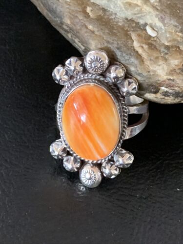 Navajo Orange Spiny Oyster Ring | Sterling Silver | Sz 9.5 | Authentic Native American Handmade | 13282