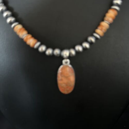 Navajo Orange Spiny Oyster Pendant Necklace | Sterling Silver Naja | Authentic Native American Handmade | 14301