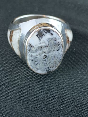 Navajo White Buffalo Turquoise Inlay Ring | Sterling Silver | Sz 8.5 | Authentic Native American Handmade | 4948