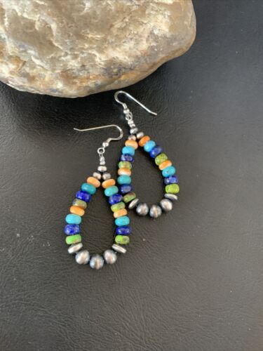 Navajo Multi-Color Lapis Spiny Turquoise Dangle Earrings | Sterling Silver | Authentic Native American Handmade | 12977