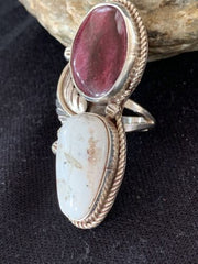 Navajo White Buffalo Turquoise & Spiny Oyster Multi-Stone Ring | Authentic Native American Sterling Silver | Sz 9 | 308