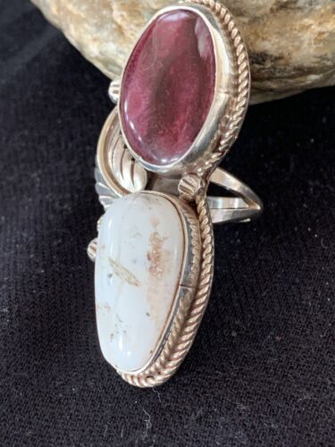 Navajo White Buffalo Turquoise & Spiny Oyster Multi-Stone Ring | Authentic Native American Sterling Silver | Sz 9 | 308