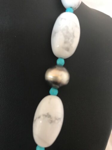 Navajo White Howlite Turquoise Beads Necklace | Sterling Silver | 22" | Authentic Native American Handmade | 10241