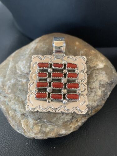 Navajo Red Coral and Multi-Stone Cluster Pendant | Authentic Native American Sterling Silver | 2" | 2100