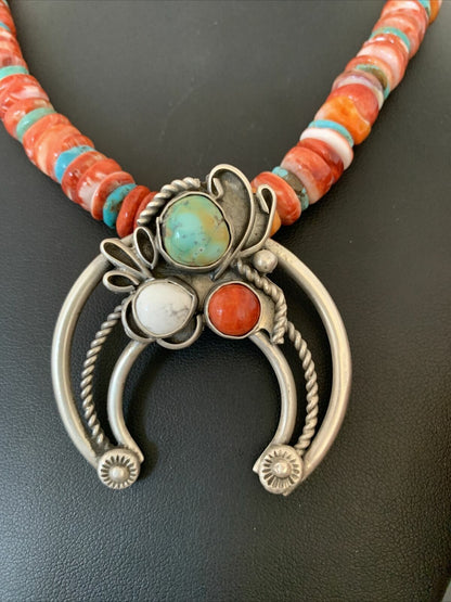 Navajo Pearls Sterling Silver Necklace | Red Spiny Oyster & Turquoise Naja Pendant | Authentic Native American Handmade