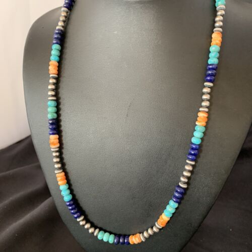 Navajo Blue Lapis Turquoise Orange Spiny Oyster Necklace | Sterling Silver | 22" | 13364