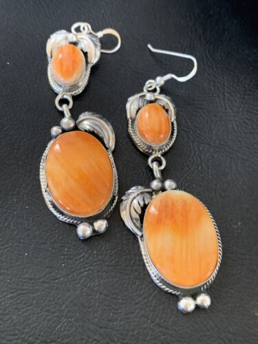 Navajo Orange Spiny Oyster Dangle Earrings | Sterling Silver | Authentic Native American Handmade | 12200