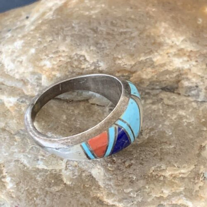 Navajo Multi-Color Turquoise Lapis Coral Mother of Pearl Inlay Ring | Sterling Silver | Sz 7.5 | 12398
