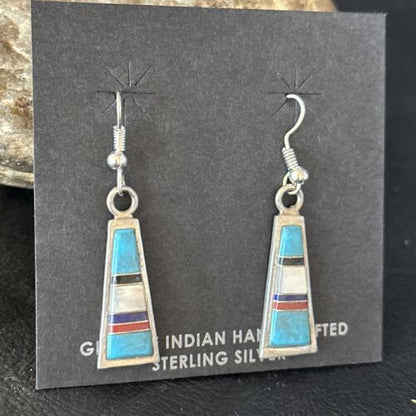 Navajo Multi-Color Turquoise Mother of Pearl Inlay Earrings | Sterling Silver | Authentic Native American Handmade | 14655