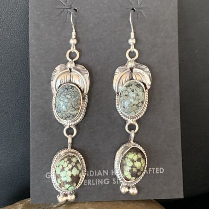 Navajo Green Spiderweb Turquoise Dangle Earrings | Sterling Silver | Authentic Native American Handmade | 13545