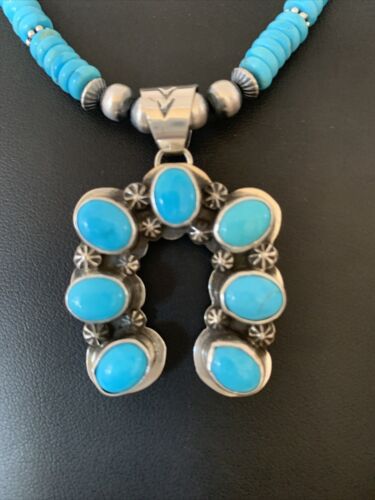 Navajo Blue Turquoise Necklace with Sterling Silver Naja Pendant | Authentic Native American Handmade | 02016