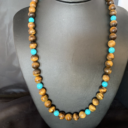 Navajo | Sterling Silver Necklace | Brown Tiger's Eye & Blue Turquoise | 20" | Authentic Native American Handmade | 13895
