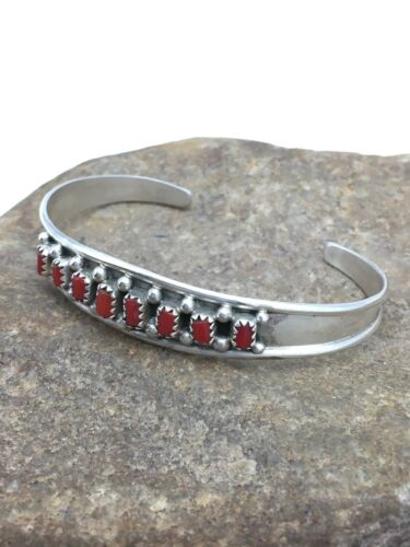 Native American Coral Petite Navajo Bracelet | Sterling Silver | Authentic Handmade | 4027