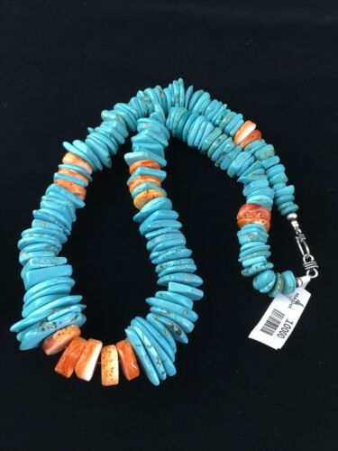 Navajo Natural Blue Turquoise & Spiny Oyster Graduated Necklace | Sterling Silver | Authentic Native American | 20" | 10000